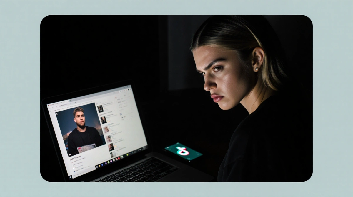 Hailey Bieber frowning at laptop playing TikTok with phone showing creator video in dark room