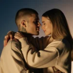 Hailey Bieber leaning into Justin Bieber