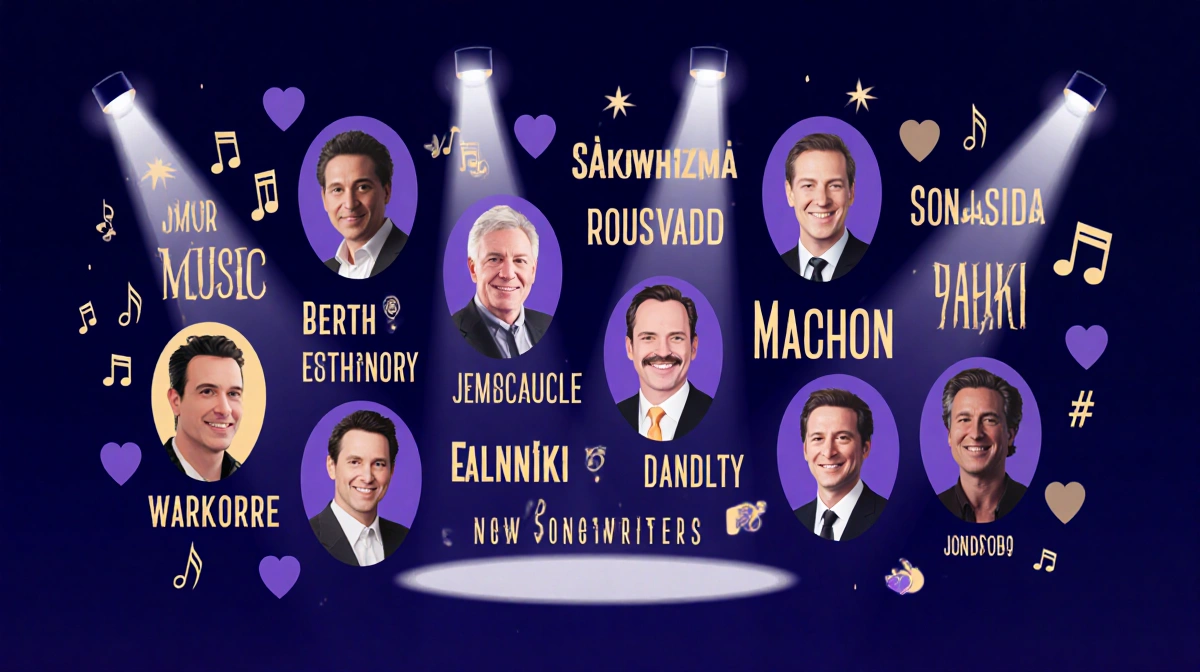 Hall of Fame honors non-performing songwriters with names and faces on dark purple background with spotlight highlighting key