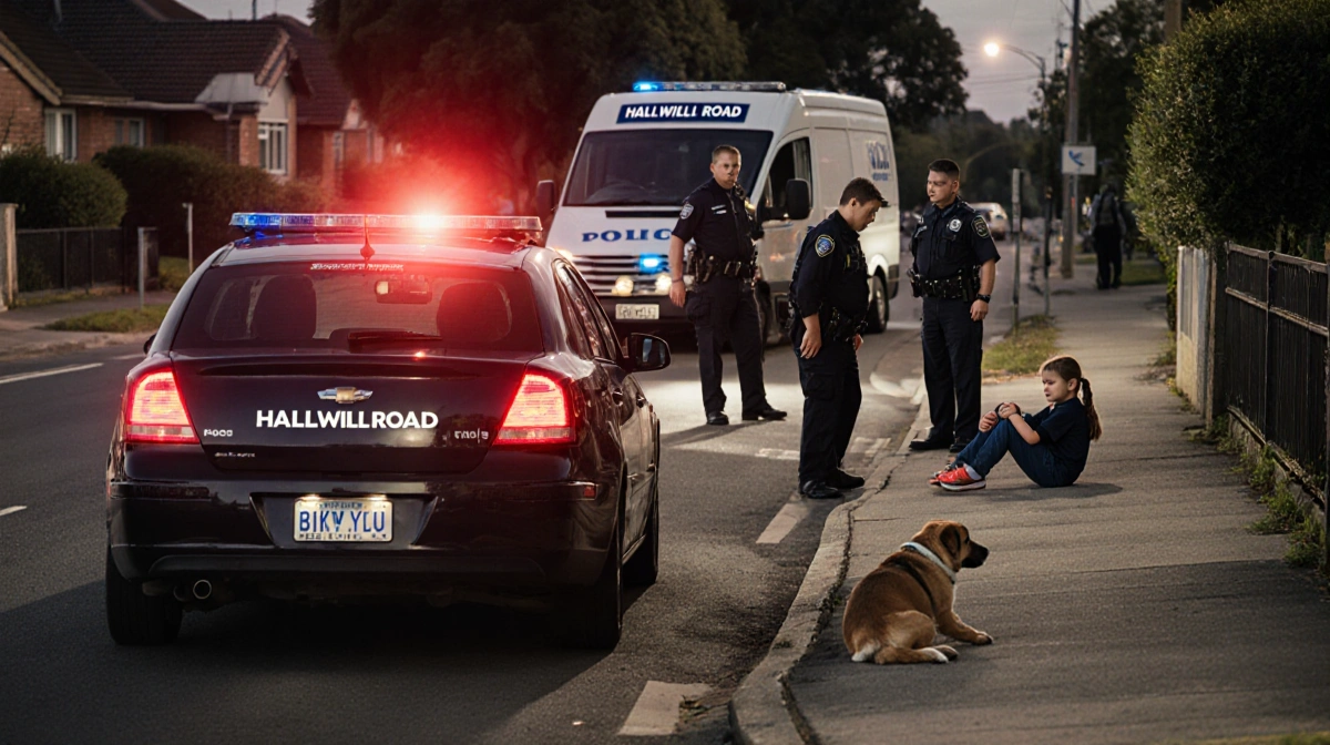 Police officers standing with small dog near concerned children on Halliwell Road with flashing hazard lights and parked van