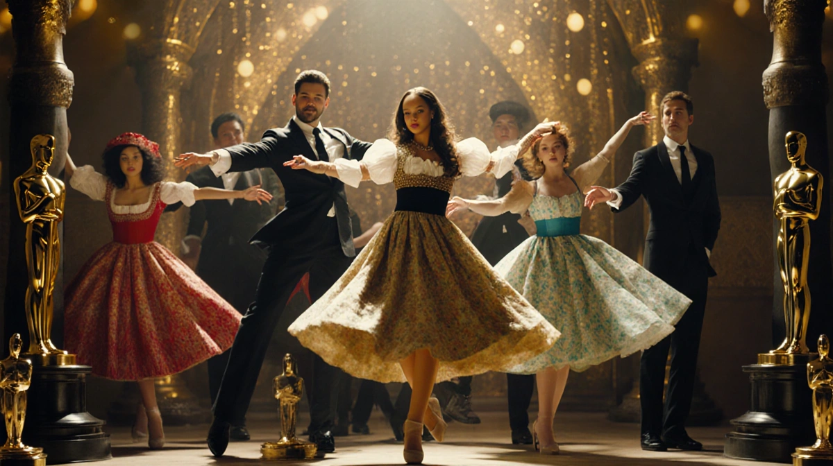 Paul Mescal and Jessie Buckley dancing with award statues while twirling in traditional costumes with golden lights behind