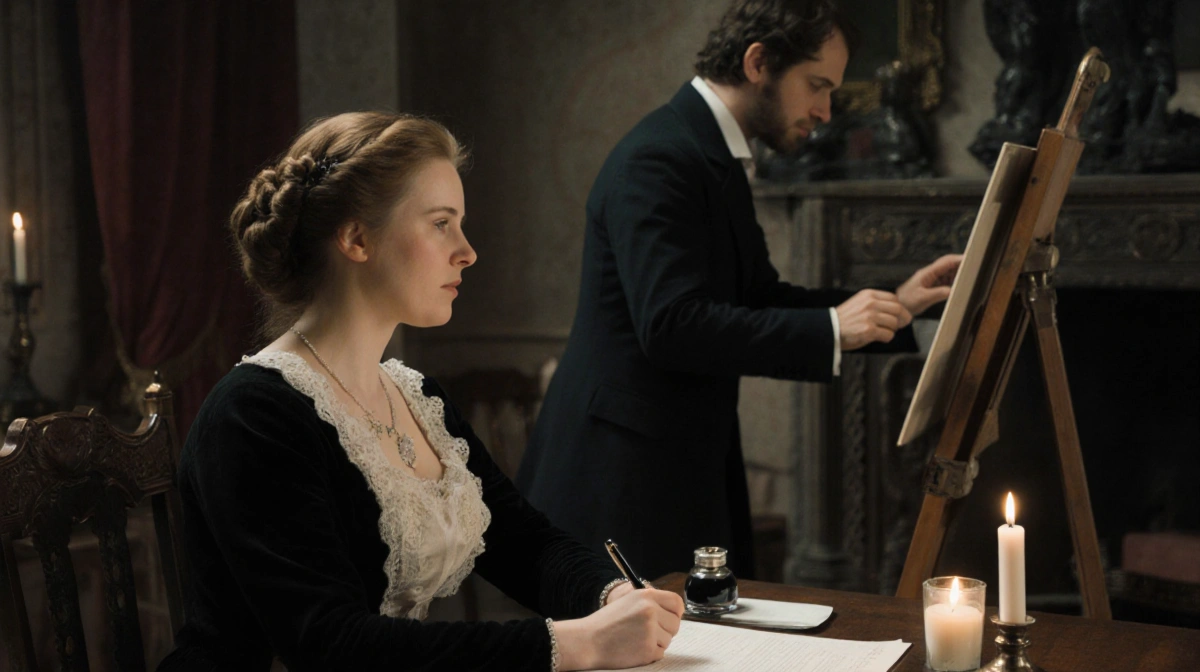 Agnes Hathaway sits at candlelit desk with blank papers while William Shakespeare stands near easel with empty child's chair 