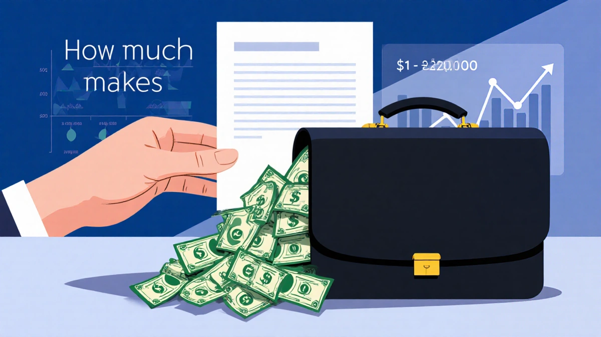 Hand opening briefcase with dollar bills spilling out and financial charts in background