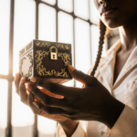 Hands holding a small ornate box with lock detail and jailhouse braids with golden glow near a blurred prison cell door