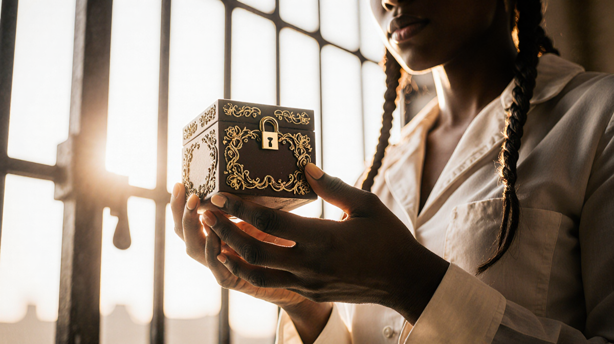 Hands holding a small ornate box with lock detail and jailhouse braids with golden glow near a blurred prison cell door