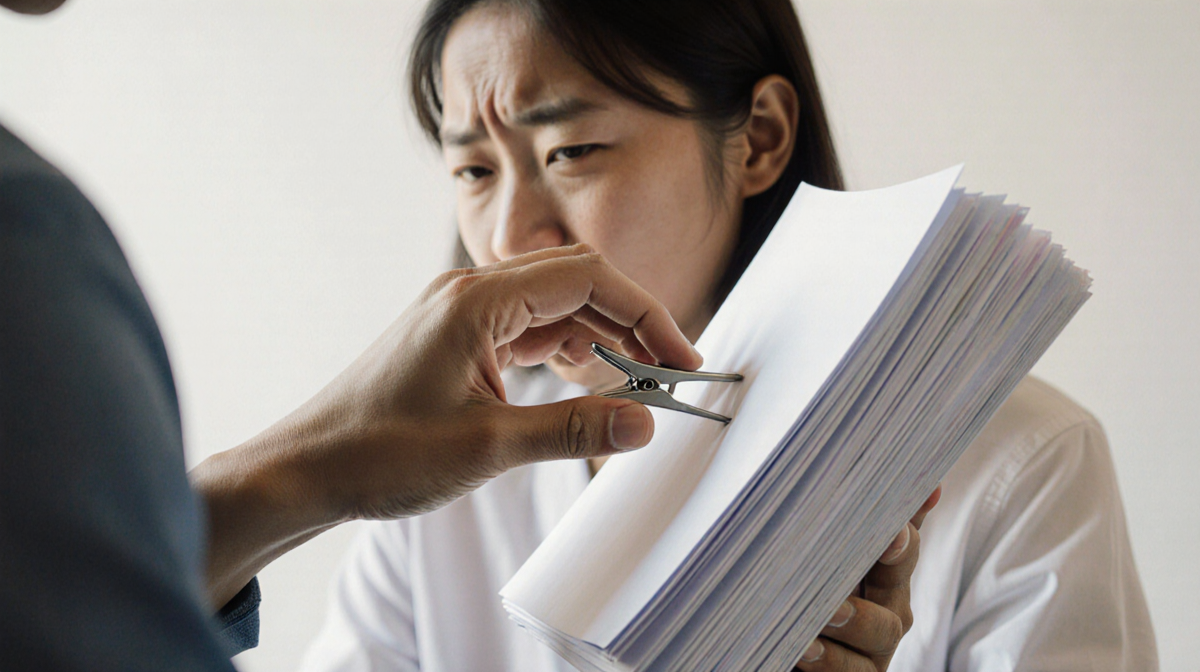 Hand clamping stack of papers with strained expression and raised shoulder.
