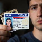 Hand of person holding new Real ID driver’s license with faded older license behind and blurred background showing change.
