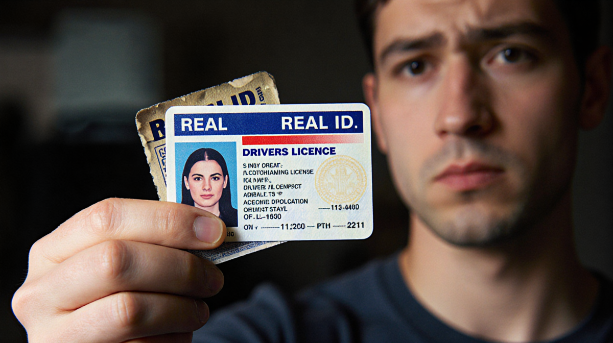 Hand of person holding new Real ID driver’s license with faded older license behind and blurred background showing change.