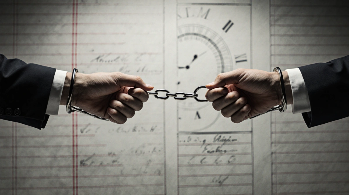Restrained hands in handcuffs hover with court documents behind and faint clock face showing