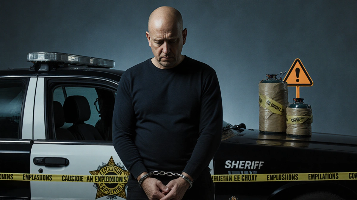 Jameson Kyle Boley looks down at a handcuffed man beside a sheriff's car with an explosives logo on a gray backdrop