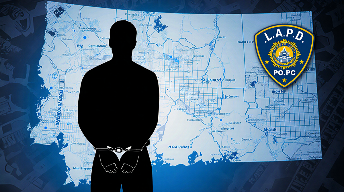 Person in handcuffs standing before Montana map with crime scene tape and faint LAPD logo