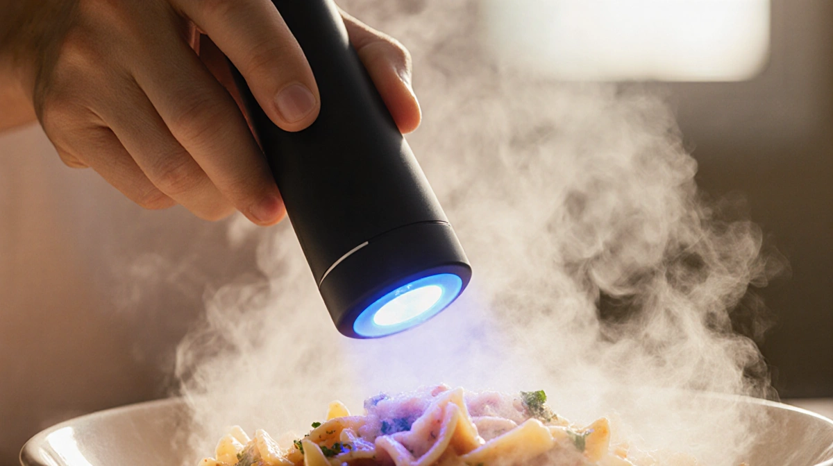 Person holds handheld gluten detector over pasta bowl with blue LED light showing positive result