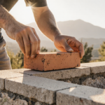 Hands placing fire‑resistant brick into wall of new home with sunlit landscape and trees in background.
