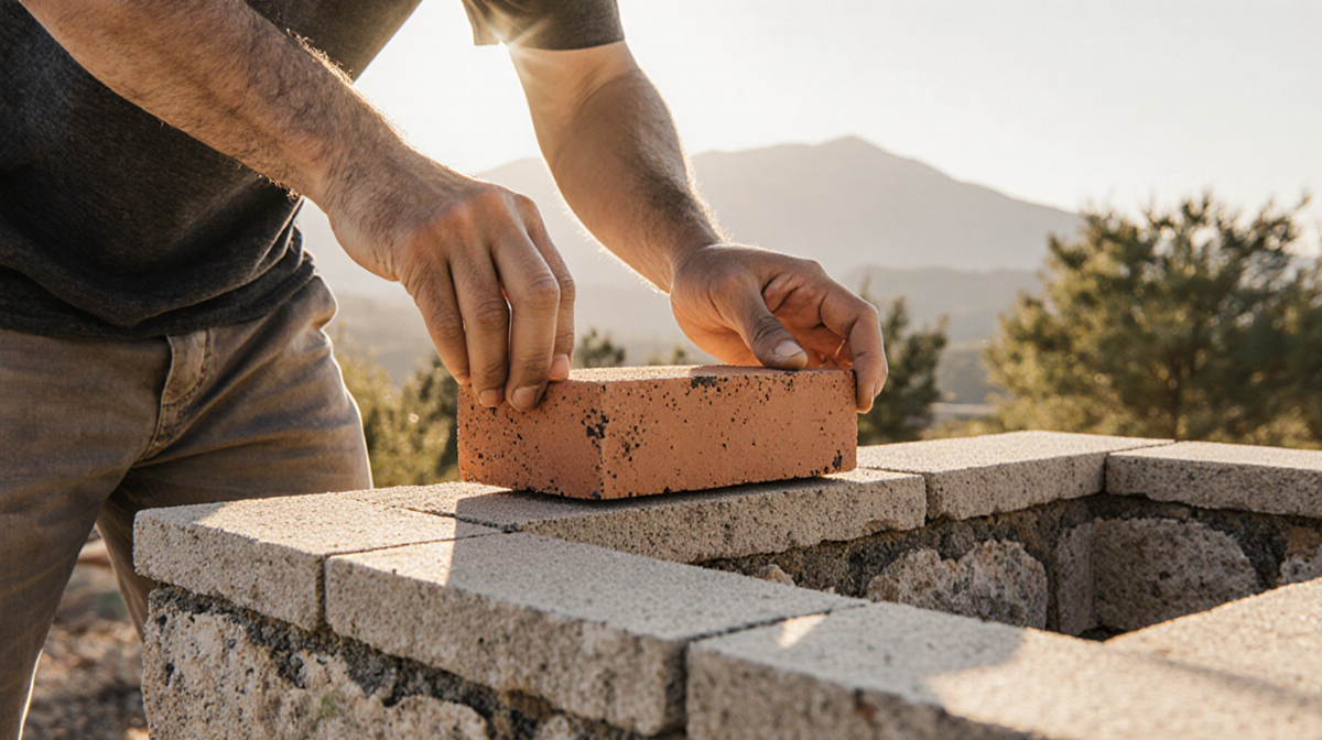 Hands placing fire‑resistant brick into wall of new home with sunlit landscape and trees in background.
