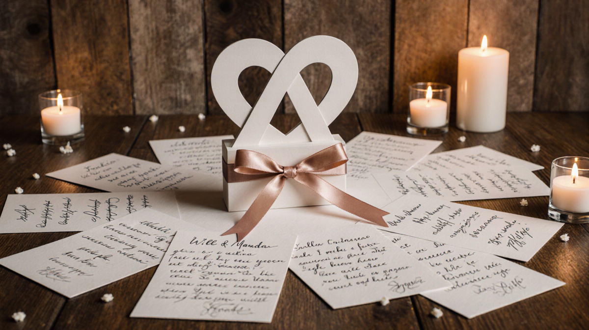 Handwritten notes lay on a wooden table with a heart-shaped paperweight and soft candlelight.