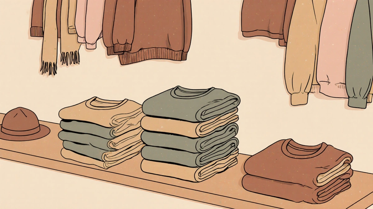 Stacked Hanes EcoSmart crewneck sweatshirts rest on shelf with matching hats and scarves showing eco-friendly comfort