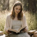 Hannah Murray reading her memoir in forest with books scattered on grass and soft light on her face