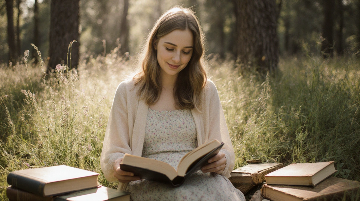 Hannah Murray reading her memoir in forest with books scattered on grass and soft light on her face
