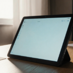 Tablet glows with muted blue light on wooden desk with scattered paper and pen nearby