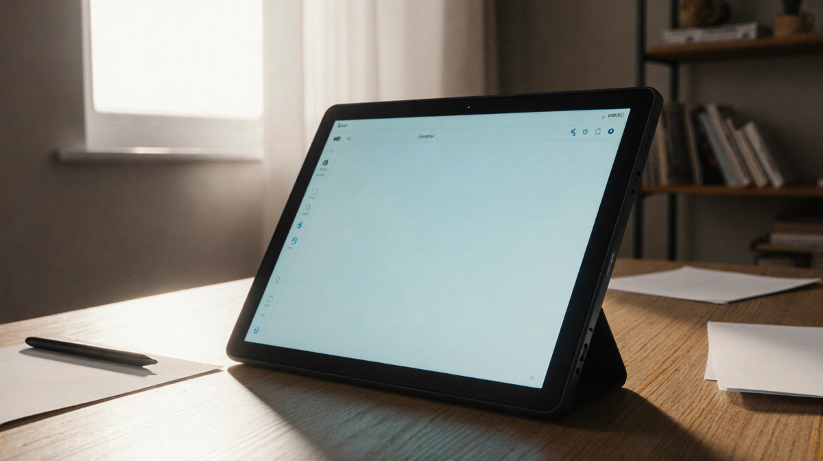 Tablet glows with muted blue light on wooden desk with scattered paper and pen nearby
