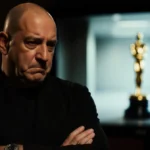 Hans Zimmer looking disappointed with arms crossed and blurred award show screen behind him