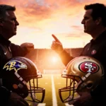 Football coaches John and Jim Harbaugh standing back-to-back on field with sunset sky and team logos visible