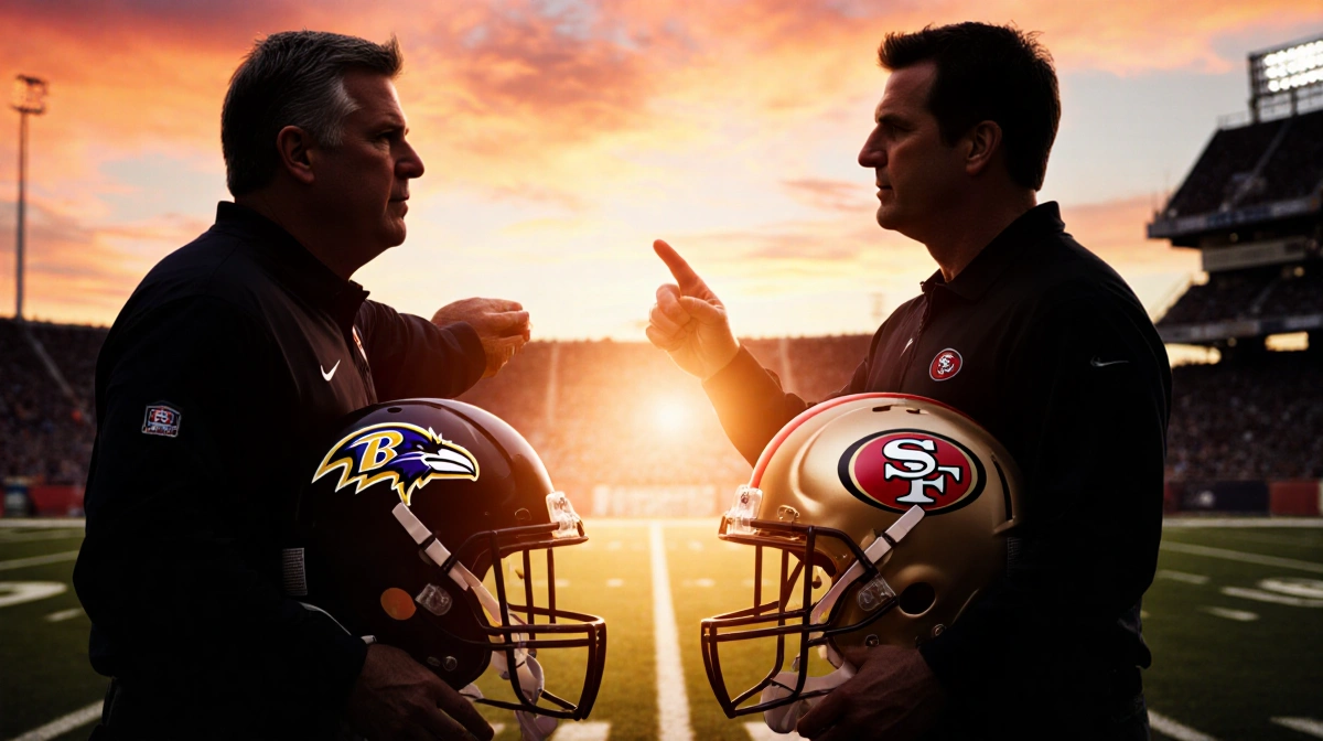Football coaches John and Jim Harbaugh standing back-to-back on field with sunset sky and team logos visible
