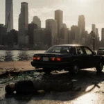 A pedestrian lies motionless beside a dark sedan with hazard lights flashing near Harbor City