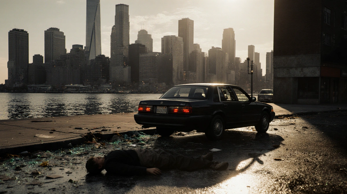 A pedestrian lies motionless beside a dark sedan with hazard lights flashing near Harbor City