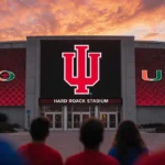 Indiana Hoosiers banner hangs above Hard Rock Stadium entrance with sunset sky and fans looking up