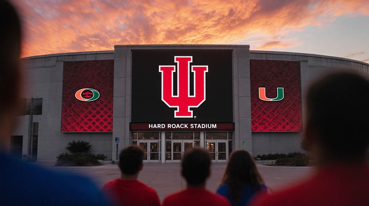 Indiana Hoosiers banner hangs above Hard Rock Stadium entrance with sunset sky and fans looking up