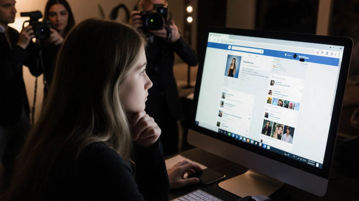Teen girl scrolling social media on phone with blurred paparazzi cameras in background