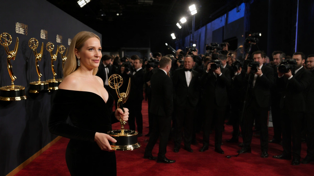 Harmony Cobel holds Emmy statuette with Golden Globe awards behind her and Severance cast celebrating nearby