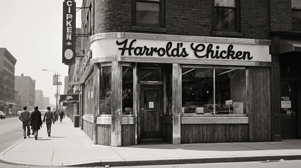 Harold's Chicken vintage storefront stands on Chicago street corner with retro sign and pedestrians strolling by