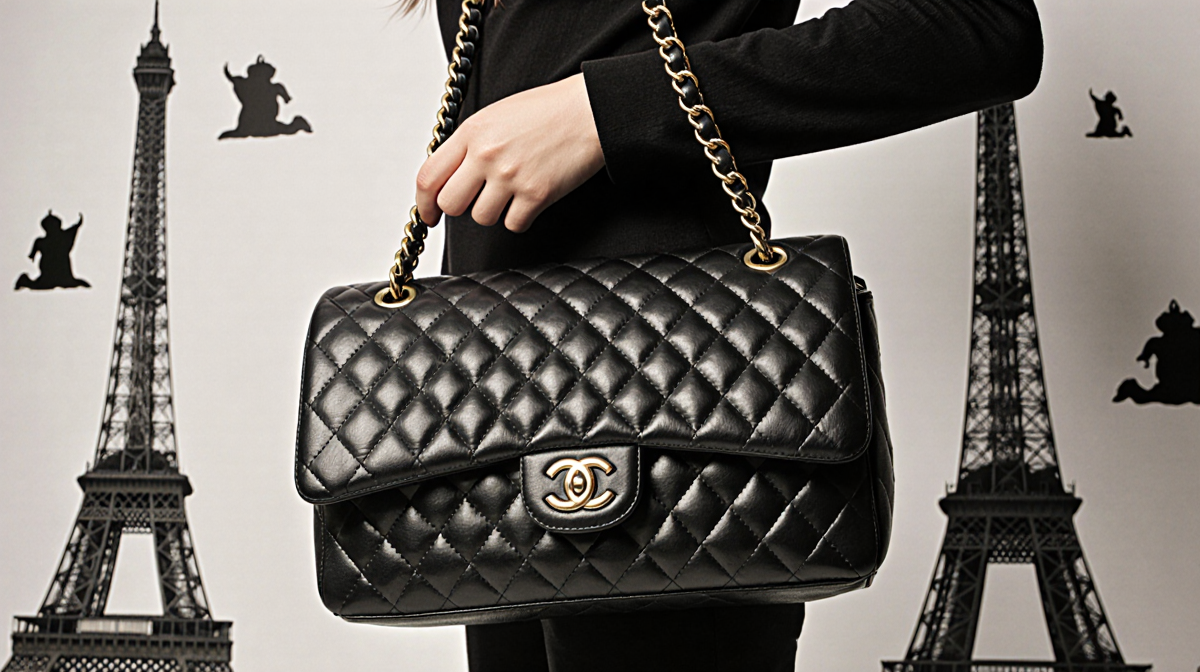 Harper Beckham holding a black lambskin quilted Chanel purse with Eiffel Tower silhouette in background