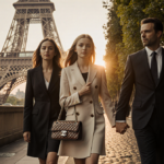 Teen Harper Beckham walking with parents under the Eiffel Tower at sunset with warm golden light.
