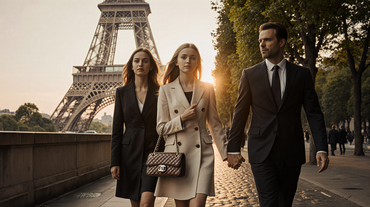 Teen Harper Beckham walking with parents under the Eiffel Tower at sunset with warm golden light.