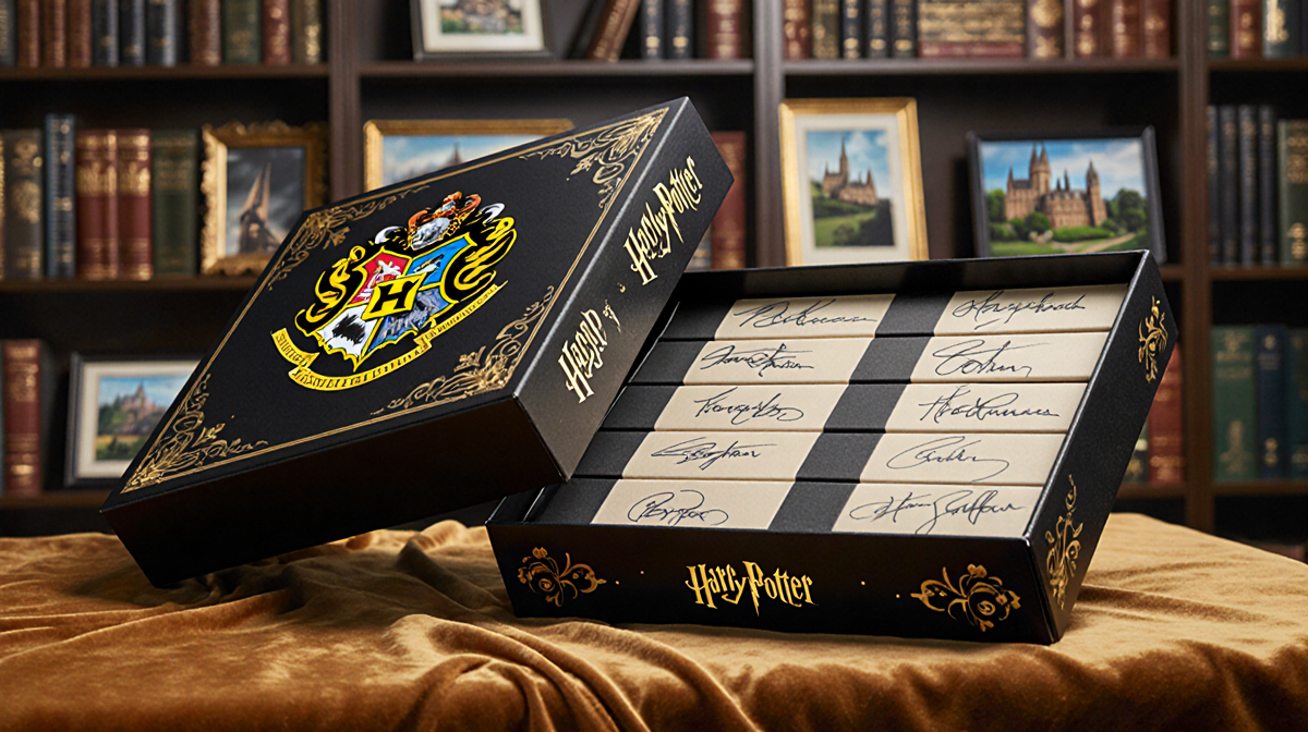 Ornate Harry Potter gift box opening with warm golden Hogwarts crest symbols and velvet surface revealing seven signed books