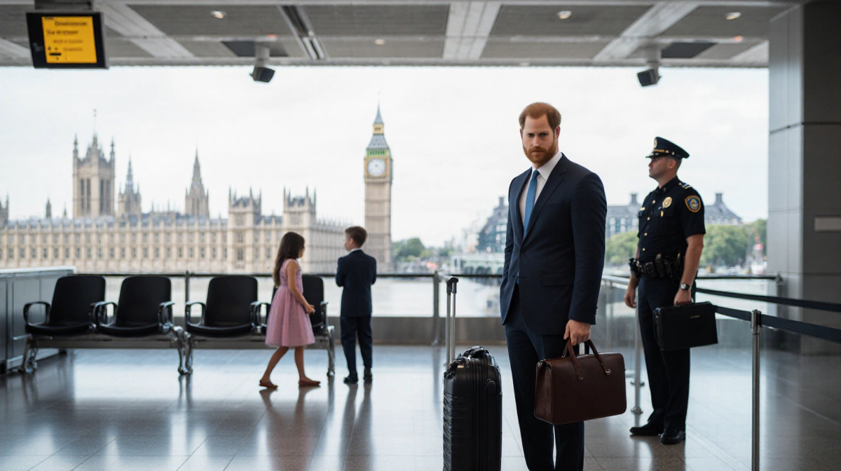Stern security guard stands at airport gate with suitcase and briefcase while CCTV monitors watch empty strollers nearby