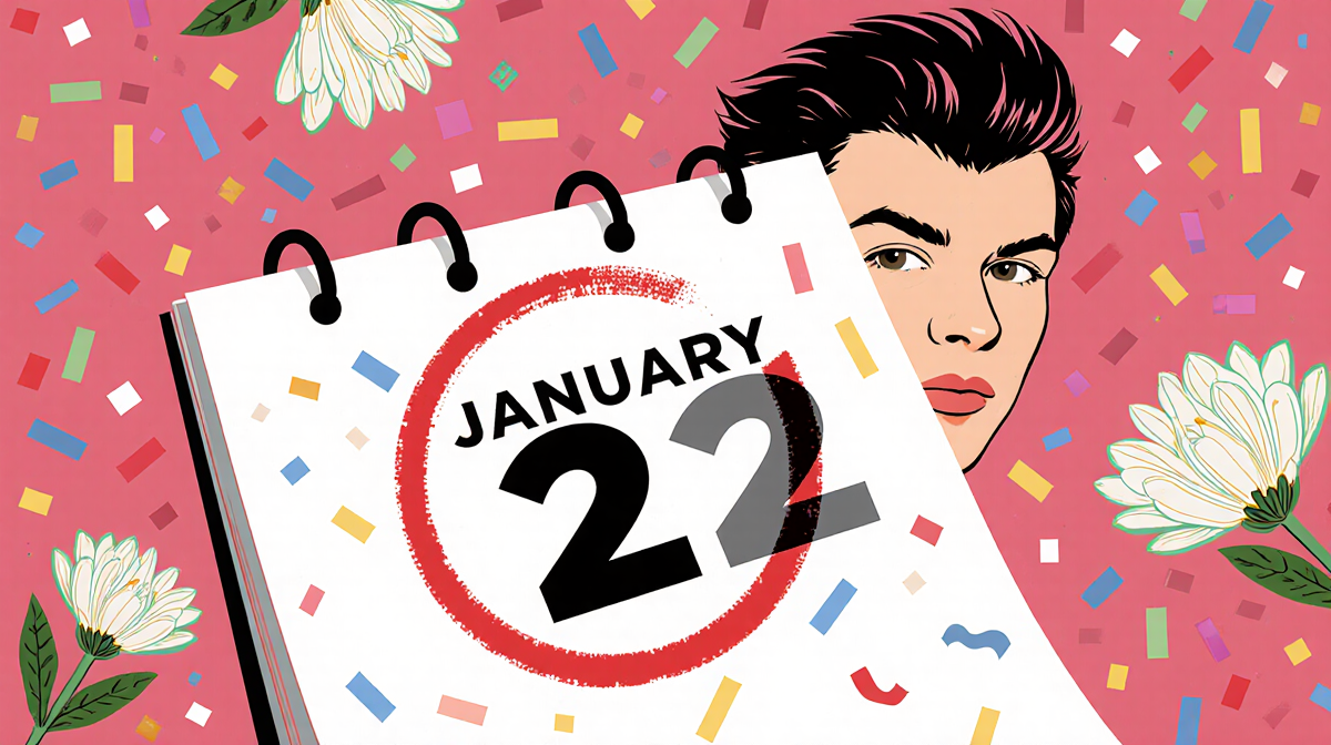 Calendar page marks January 22 with a red circle and Harry Styles outline and flowers and confetti celebration.