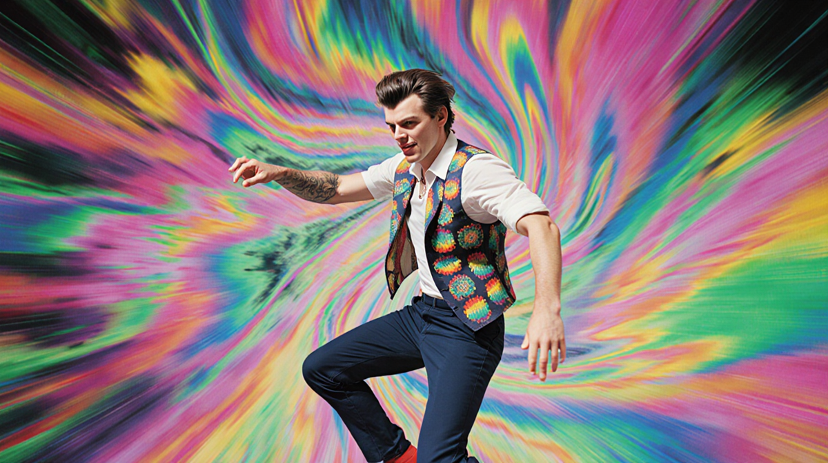 Harry Styles dancing energetically with vibrant swirling patterns and psychedelic colors creating a feverish atmosphere