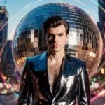 Harry Styles performing with disco ball reflections on his mirror suit and neon city lights behind