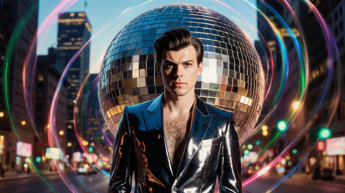Harry Styles performing with disco ball reflections on his mirror suit and neon city lights behind