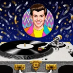 Harry Styles smiling in circular frame with disco vinyl record and glittering confetti against starry night sky