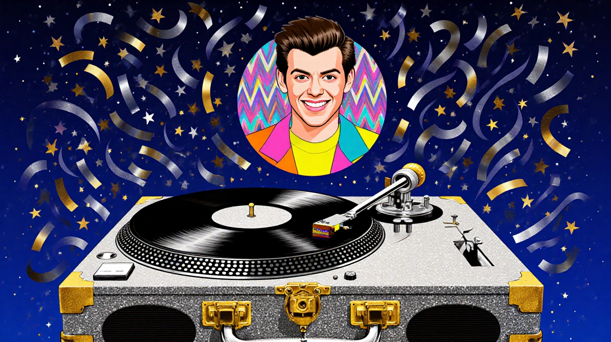 Harry Styles smiling in circular frame with disco vinyl record and glittering confetti against starry night sky