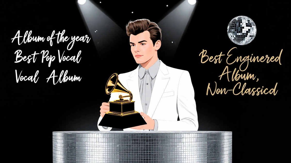 Harry Styles holding Grammy trophy with Album of the Year text and disco ball elements on stage