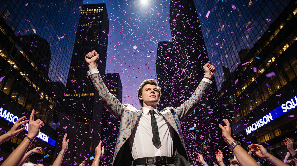Harry Styles raising his arms with confetti swirling around him and neon lights illuminating Madison Square Garden stage