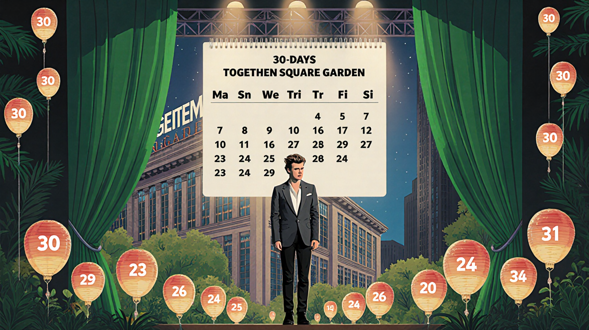 Harry Styles stands center stage at Madison Square Garden with lush greenery and bright lights and 30 lanterns encircling him