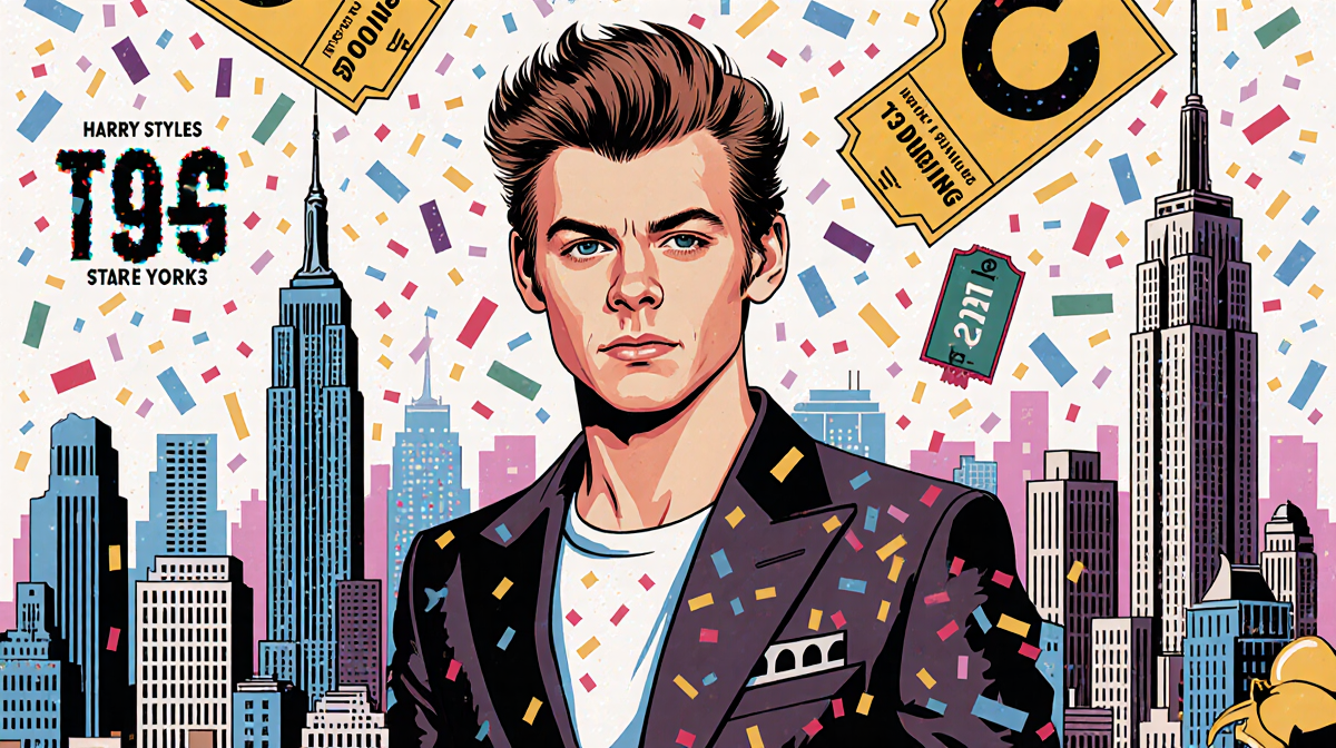 Harry Styles standing confidently with New York skyline and ticket stubs celebrating 50-show residency