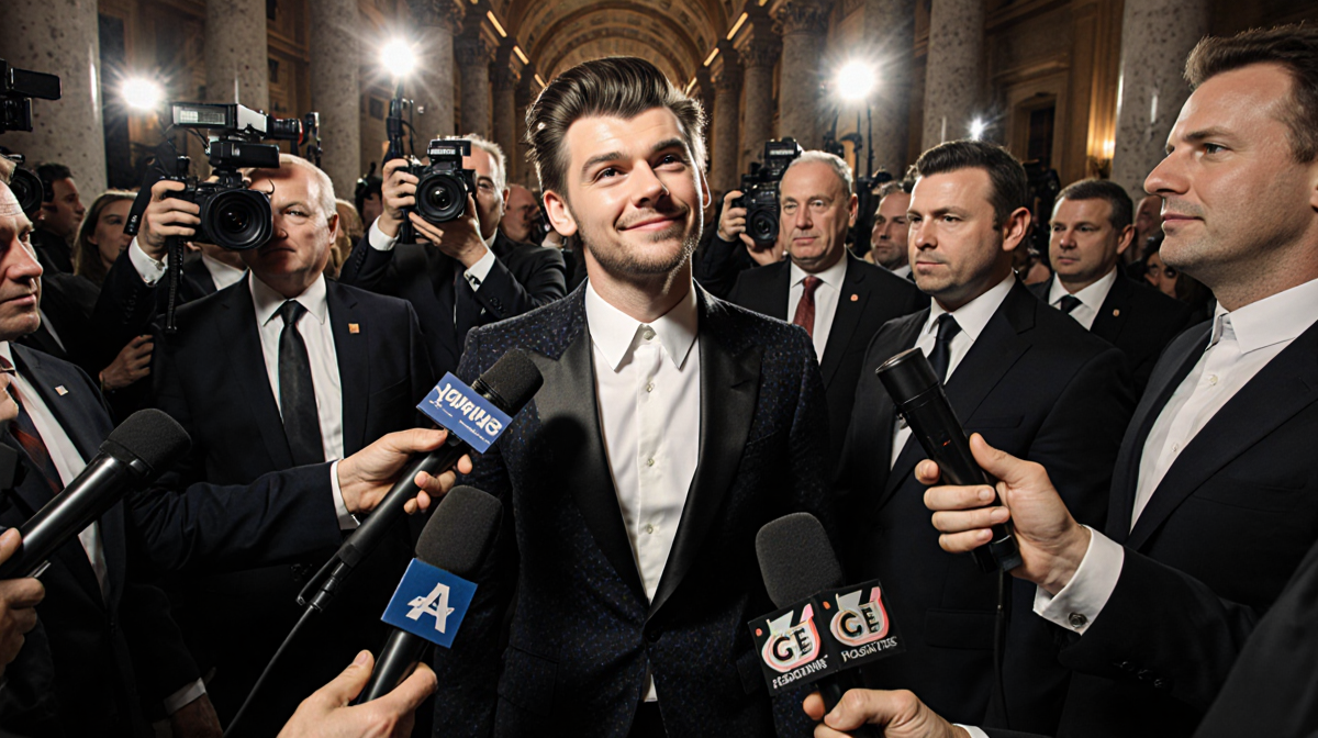 Harry Styles smiles with hair standing out amid suits and flashing paparazzi cameras at a conclave